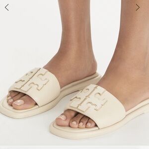 NWT Tory Burch light cream & gold Double T Sport Slide Sandals calf leather 7